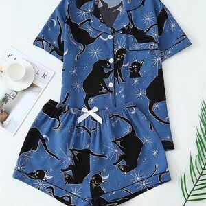 SHEIN Blue and Black Cat Print Pajama Set